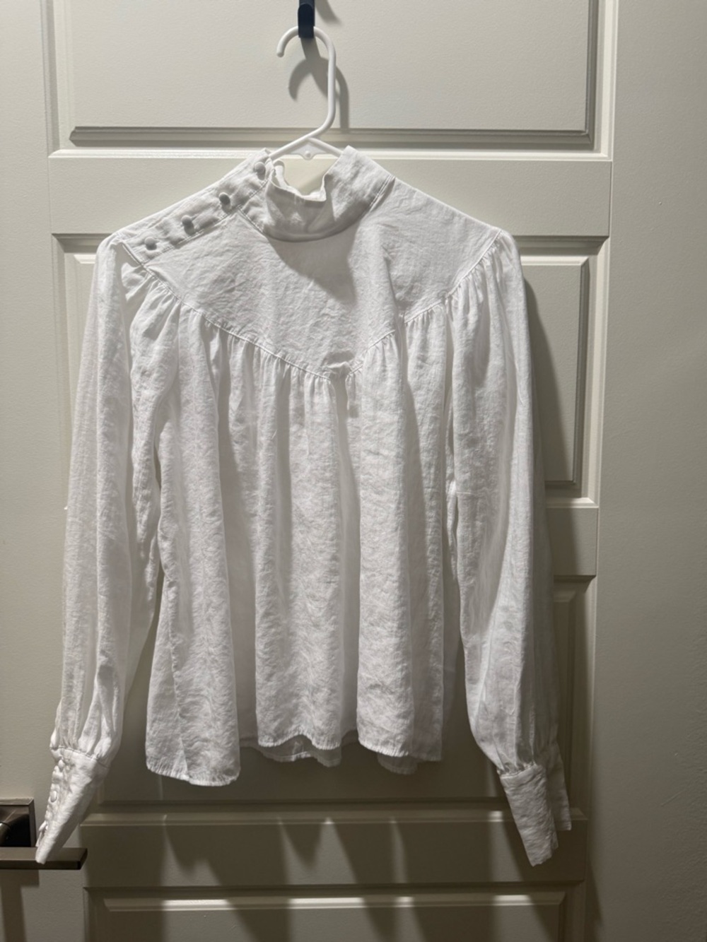 Zara White High-Neck Gathered Peasant Blouse